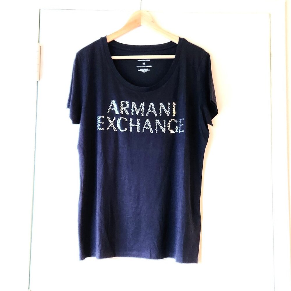 A|X Armani Exchange sz L/XL Cotton Embellished T-shirt Top Navy Sparkle Design